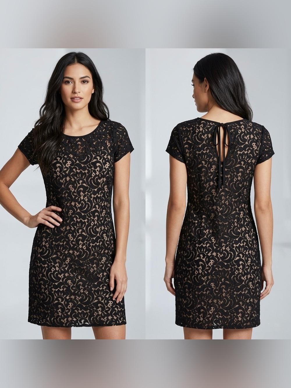 Ann Taylor Loft Women’s Black and Tan Lace Shift Short Sleeve Dress size 4